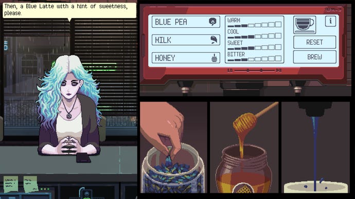 A blue-haired banshee orders a drink in Coffee Talk Episode 2: Hibiscus &amp;amp; Butterfly