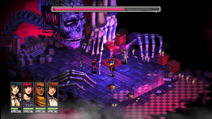 A group of teens face off against a giant skeleton in Demonschool