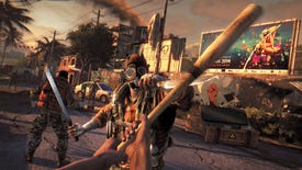 A screenshot of Dying Light 1 showing a knife-wielding, mask-wearing enemy.