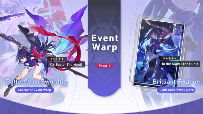 A preview of Honkai: Star Rail's Version 1.0 (Phase 1) warp event, with character Seele highlighted on the left and light cone In the Night on the right.