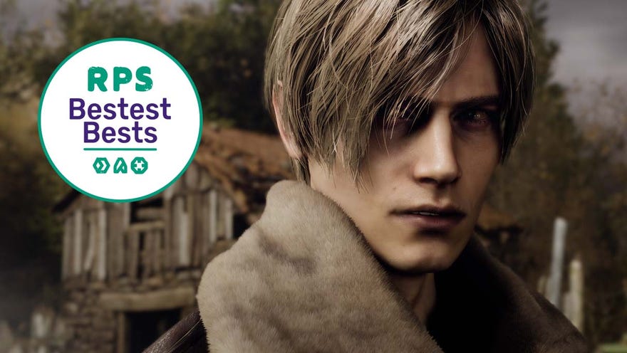 A close-up of Leon Kennedy in the Resident Evil 4 remake, with the RPS Bestest Best logo in the corner