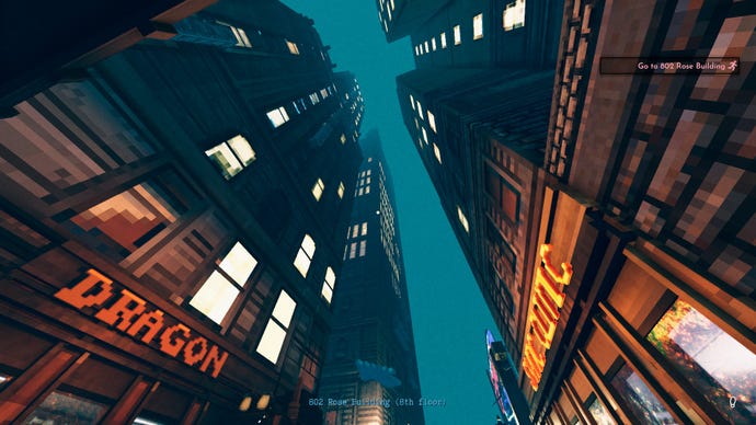 A screenshot looking up at the tall buildings in Shadows Of Doubt