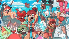 A group of bubbly cartoon characters take part in a brawl in a winterscape in Wildfrost